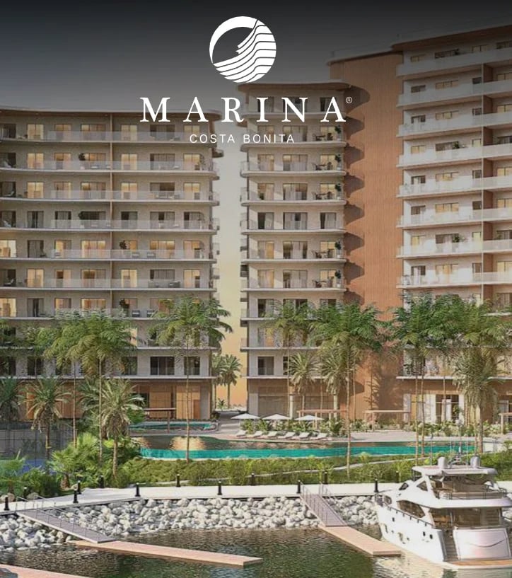 Marina Costa Bonita residential complex with multi-story apartment buildings, pool, palm trees, and waterfront promenade